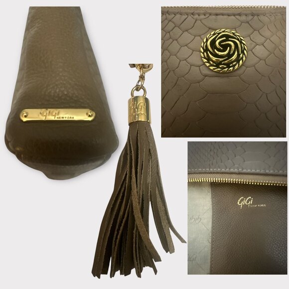 GiGi New York Hailey Crossbody Bag Taupe Python Embossed Leather Tassel Clutch - Picture 9 of 9